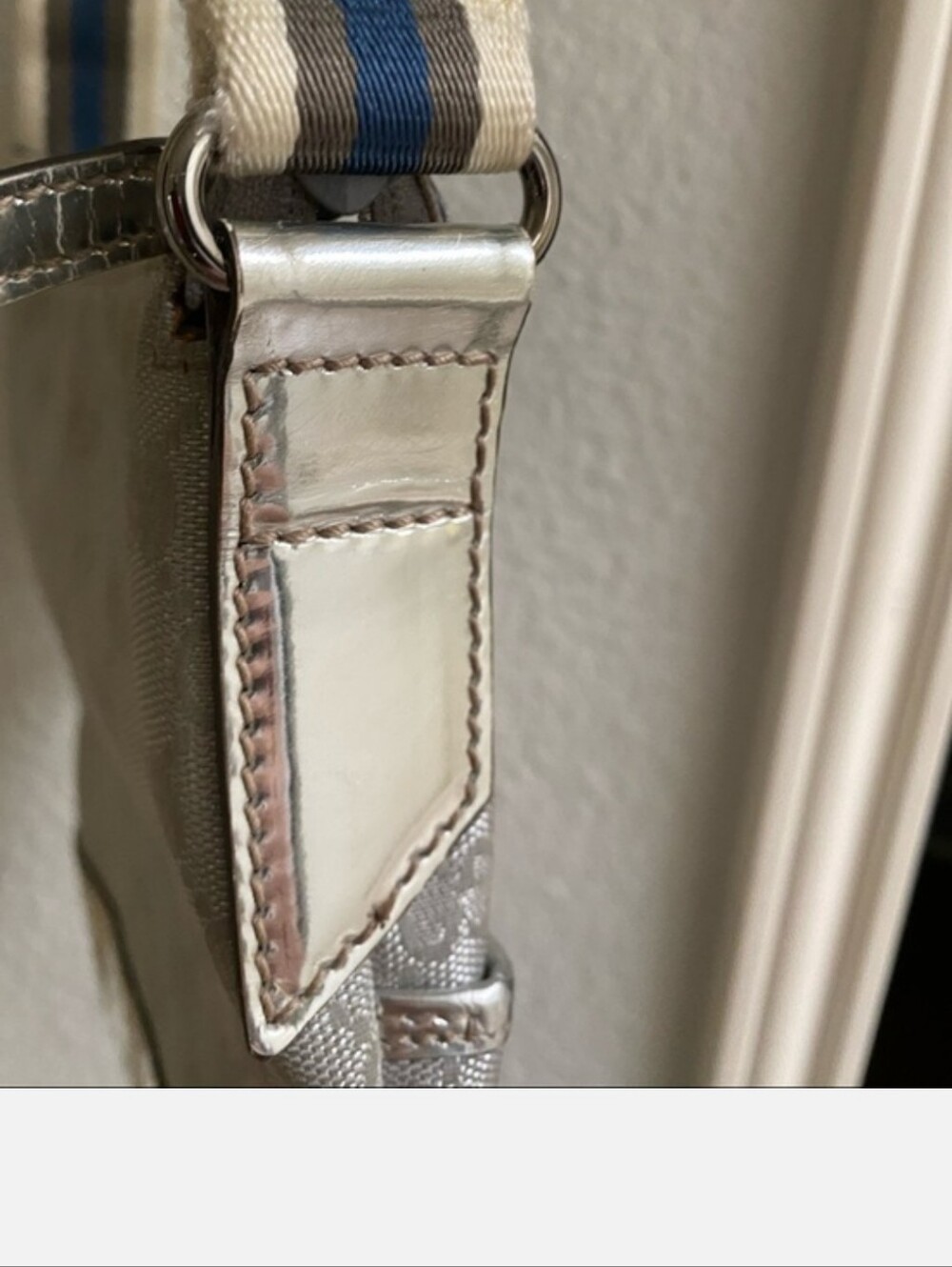 Gucci Silver Monogram Crossbody Bag with Blue and Cream Striped Strap - Picture 9 of 11